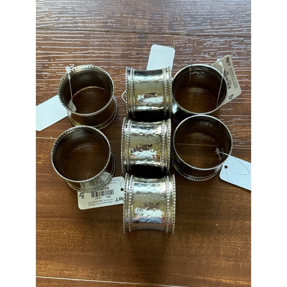 Pier 1 Imports Set of 7 Napkin Rings Hammered Silver Plated Beaded Dining